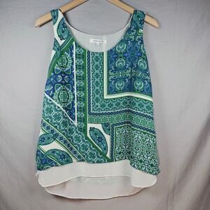 Rose Olive Paisley Print Tank Top Womens L Layered Chiffon Hem Green‎ Blue